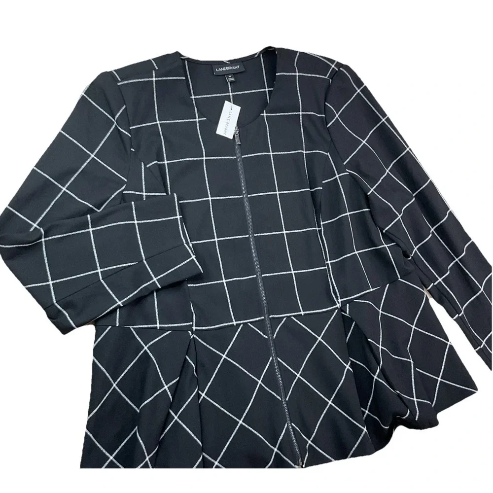 Lane Bryant Windowpane Peplum Blazer Full Zip Black White Career‎ Womens 22